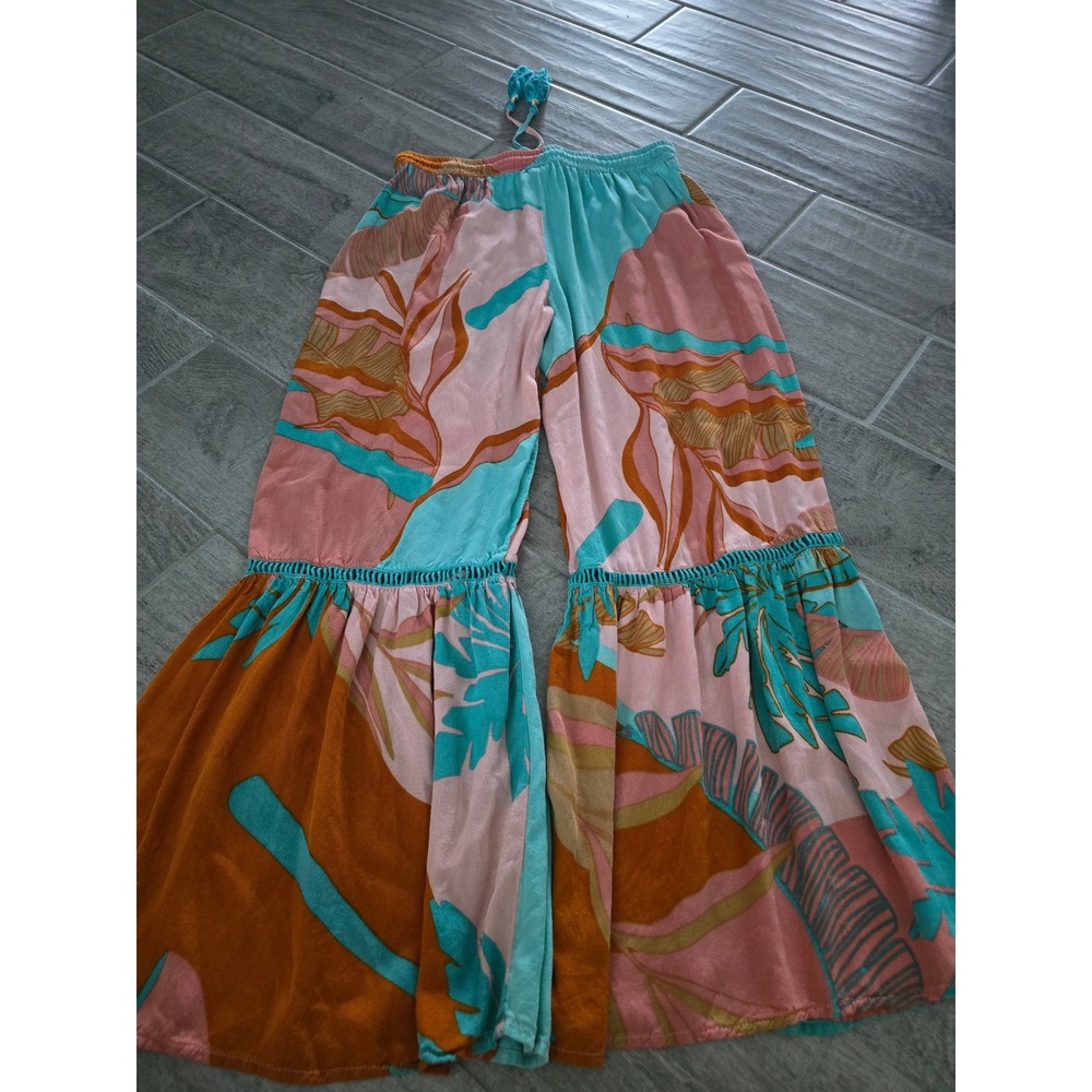 True Destinations Resort Tropical Print Flare Leg Pants Teal Pink Floral Medium - Picture 7 of 7